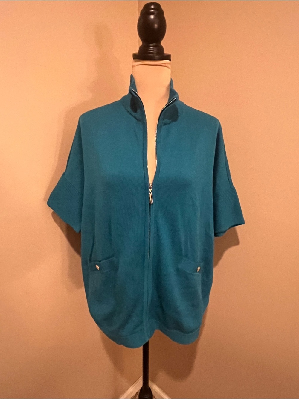 White House Black Market Oversized Teal Short-Sleeve Zip front Cardigan, XS